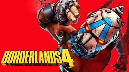 Een gemaskerde krijger met rode gloed in de ogen steekt zijn vuist uit naar voren. Borderlands 4 staat groot en geel op de rode achtergrond.