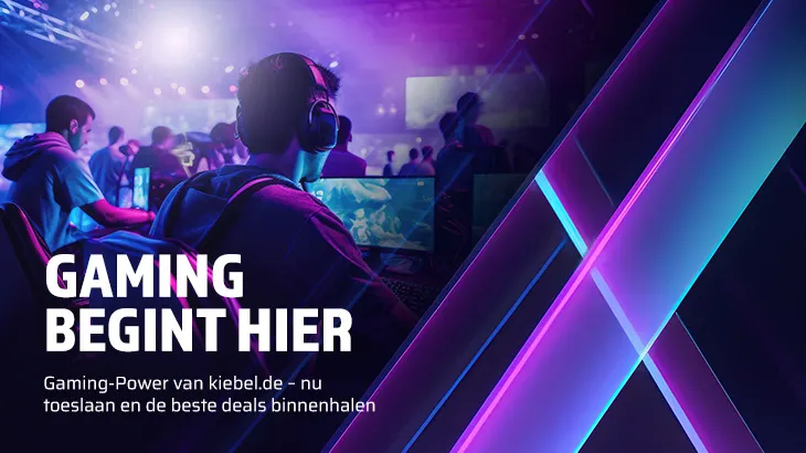 Een gaming-evenement met gamers achter computers, kleurrijke verlichting en de tekst "Gaming begint hier".