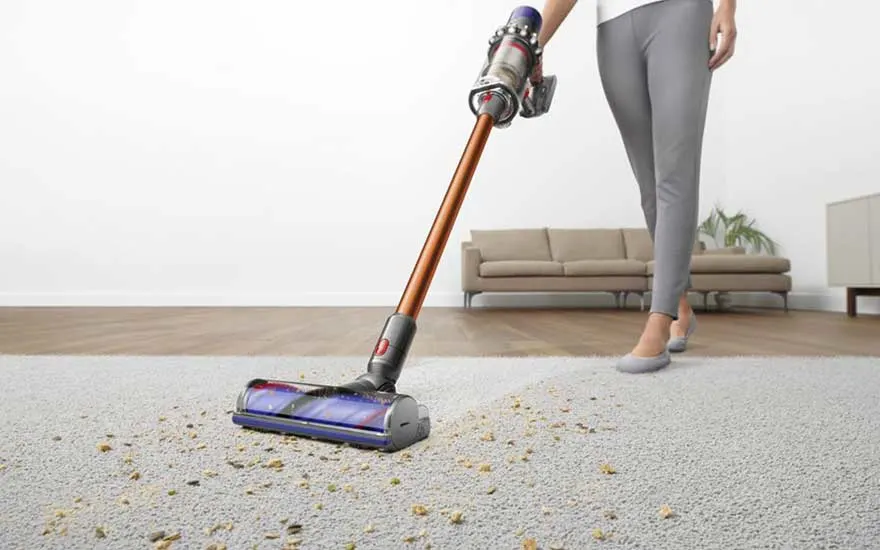 A woman vacuums a carpet in a bright living room, efficiently collecting visible dirt with a stick vacuum.