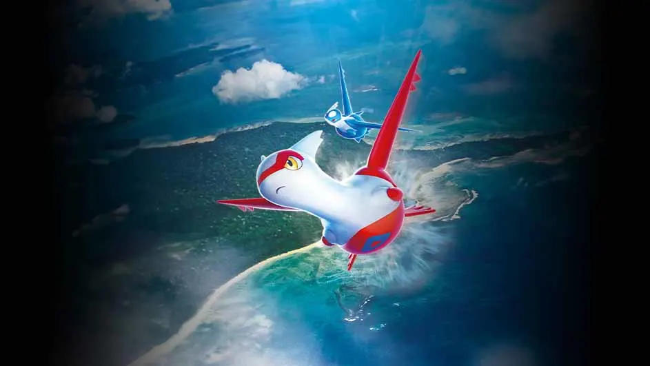 Twee Pokémon, een witte en rode Latias en een blauwe Latios, vliegen boven een oceaan en landschap.
