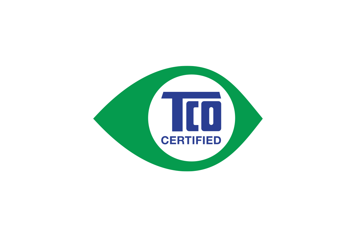 Het logo toont een groene oogvormige rand met de blauwe letters "TCO" en de tekst "CERTIFIED" in het zwart.