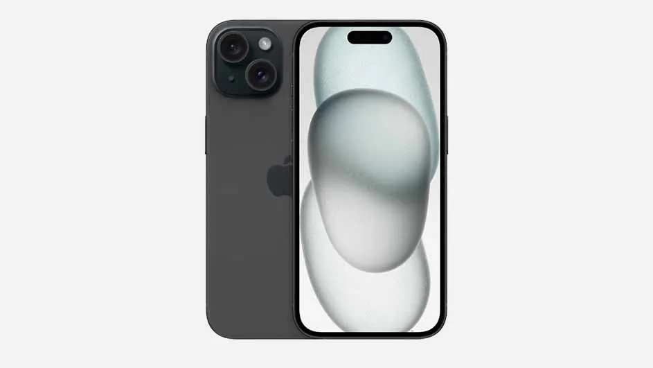 Twee iPhones, een met twee cameralenzen en een Apple-logo, de ander met een abstract wit en grijs patroon op het scherm.