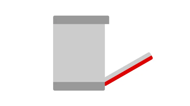 Een grijs rechthoekig object staat naast een schuin geplaatste rood-witte rietje op een witte achtergrond.