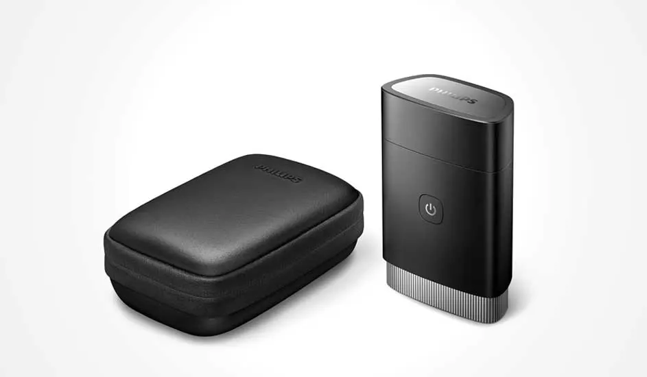Een zwarte Philips reistrimmer met metalen scheerkop en een bijpassende, compacte opbergetui, beide netjes gepositioneerd op een witte achtergrond.