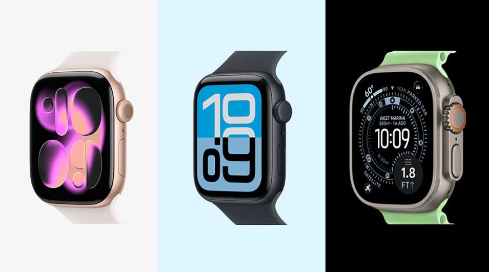Three smartwatches are displayed with varied watchbands and faces, set against a plain background.