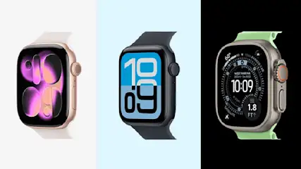 Drie Apple Watches met verschillende bandjes en schermen, variërend van kleurrijk tot sportief en technisch, tonen het veelzijdige Apple-ontwerp.