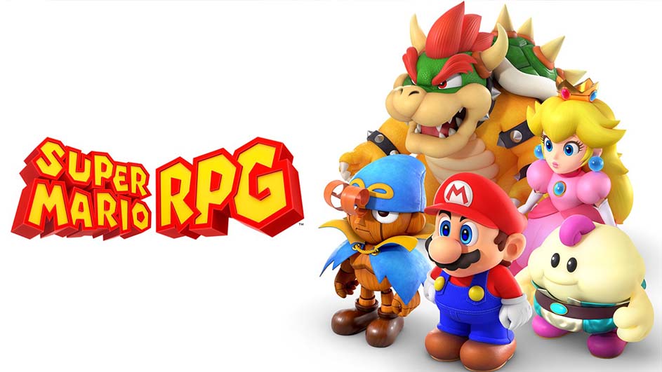 Logo "Super Mario RPG" links, Bowser, Peach, Mario, Mallow en Geno op witte achtergrond.