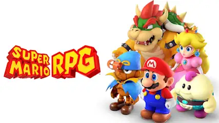 Logo "Super Mario RPG" links, Bowser, Peach, Mario, Mallow en Geno op witte achtergrond.