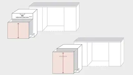 Een grafische tekening toont een Miele vaatwasser naast een open keukenkast. Rood gemarkeerde pijlen geven de hoogte en breedte aan van de nis.