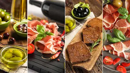 Collage van olijven, olijfolie, wijn, toast, basilicum, tomaten en vleeswaren op houten borden en schalen.