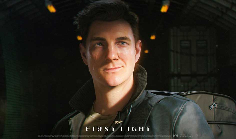 Videogame: Close-up of a man in a dim cabin, soft light spots behind him; jacket and bag visible, title at the bottom.