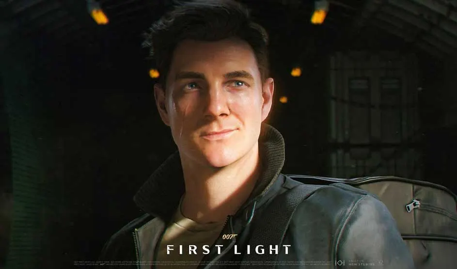 Videogame: Close-up of a man in a dim cabin, soft light spots behind him; jacket and bag visible, title at the bottom.