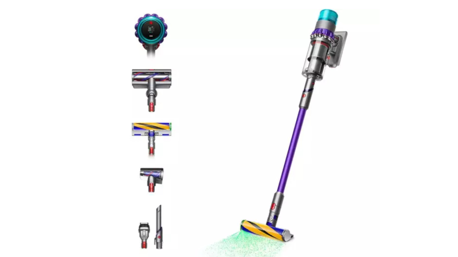 Een paarse stofzuiger staat naast verschillende opzetstukken op een witte achtergrond.