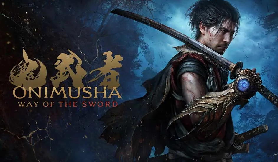 Dit is een videospel: Een gehavende samurai met demonische handschoen heft zijn katana in een mistig bos; de titel “Onimusha: Way of the Sword” verschijnt.