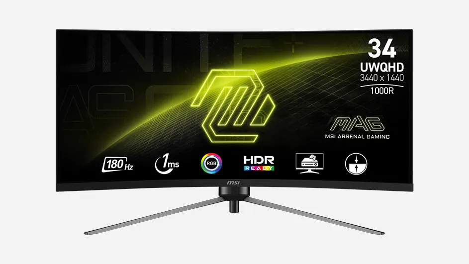 Zwarte MSI gaming monitor met zilverkleurige voet en gele accenten op het scherm.