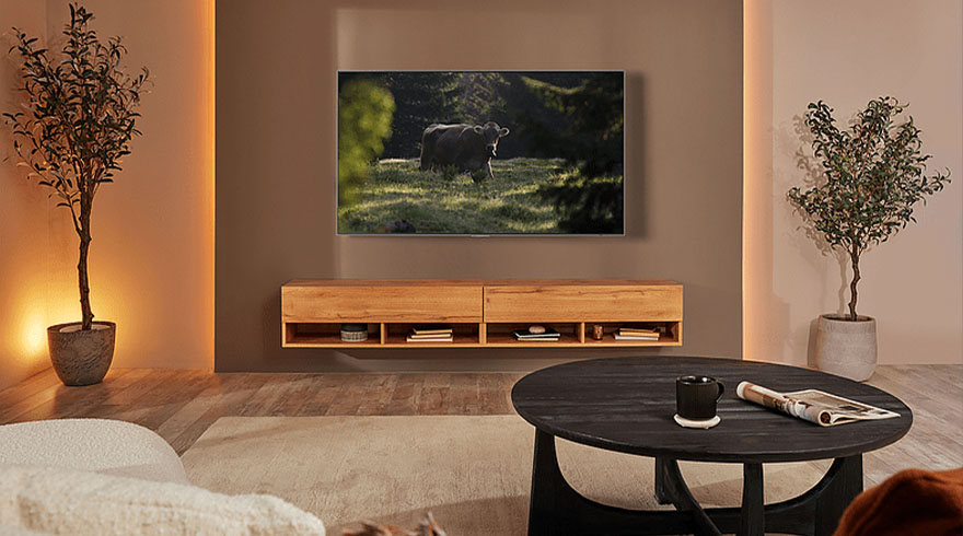Woonkamer met een houten tv-meubel, een zwarte ronde tafel met een kop en een tijdschrift. Een tv hangt aan de muur.