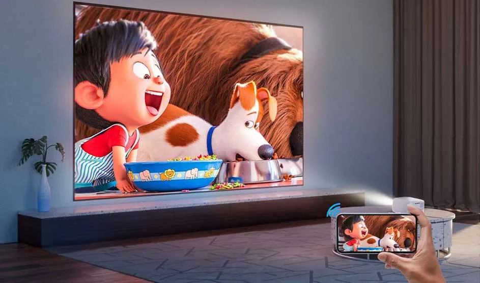 A large telly shows an animated film; on the right, someone films with a smartphone in a modern room with soft lighting.