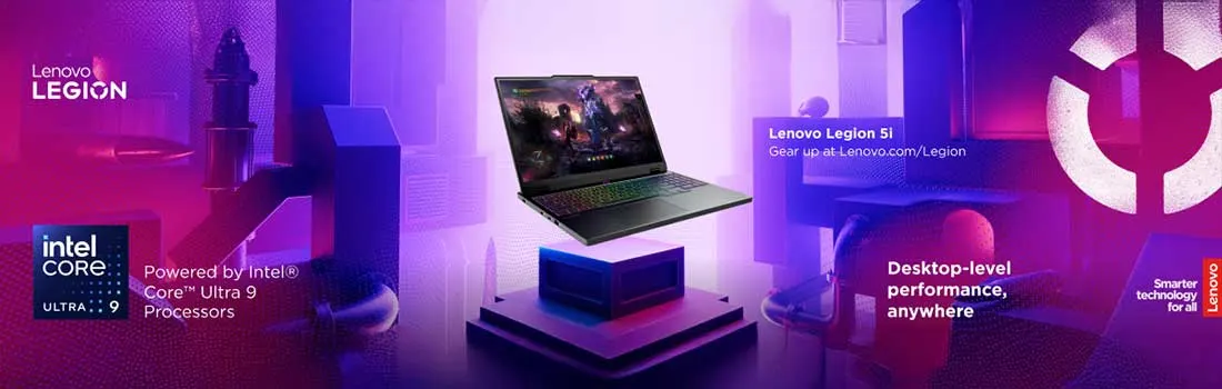 Een Lenovo Legion 5i gaminglaptop op een digitaal podium, met tekst over Intel Core Ultra 9 en desktopprestaties.