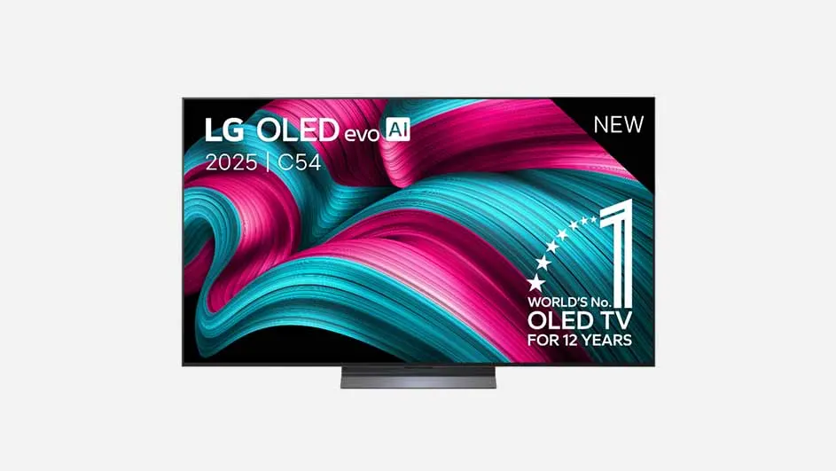 LG OLED-televisie met een kleurrijk abstract patroon op het scherm, gezien van voren.