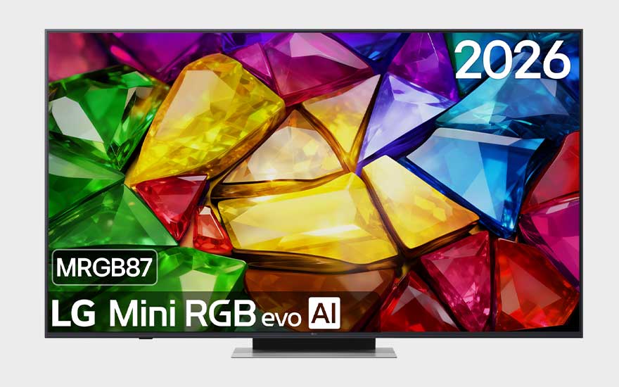 Een LG Mini RGB evo AI-scherm toont felgekleurde kristalvormen, met modelnaam en het jaartal prominent weergegeven.