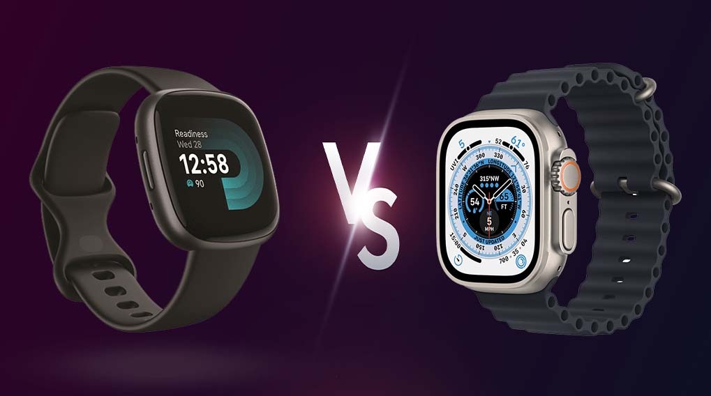 Two smartwatches are displayed against a purple background, separated by a white "Vs" symbol, indicating a comparison. The watch on the left has a black band, while the one on the right has a blue band.