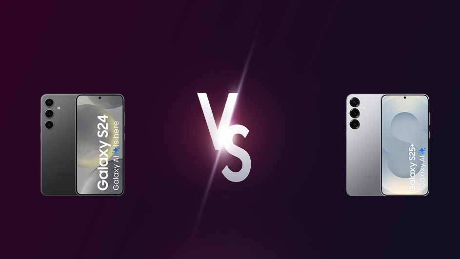 Twee telefoons, Galaxy S24 en S25+, staan tegenover elkaar met een witte "VS" op een donkerpaarse achtergrond.