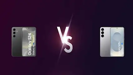 Twee telefoons, Galaxy S24 en S25+, staan tegenover elkaar met een witte "VS" op een donkerpaarse achtergrond.