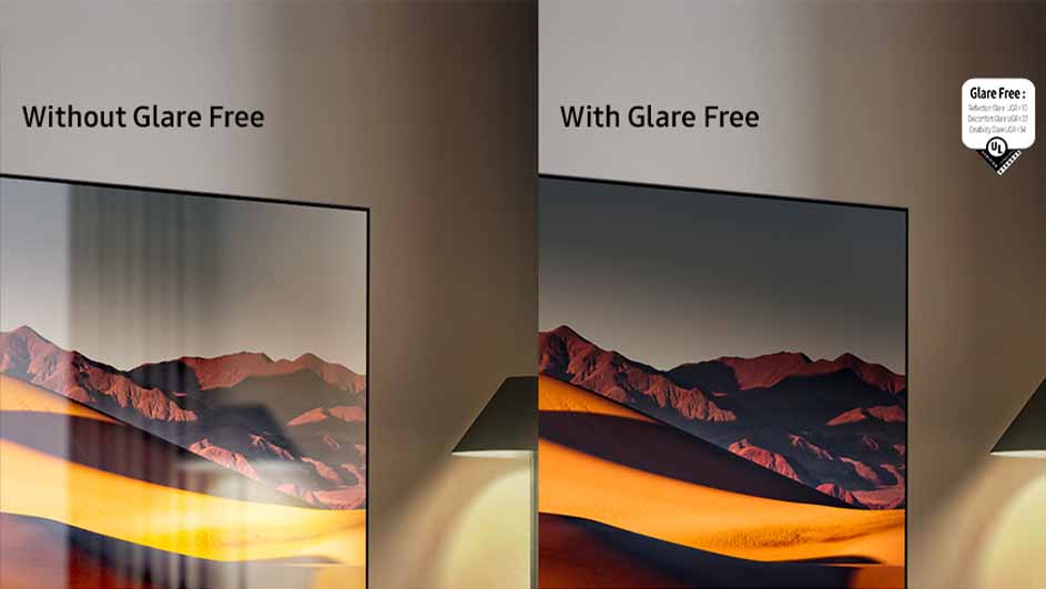 Twee televisies tonen een woestijnlandschap, één met en één zonder ontspiegeling.