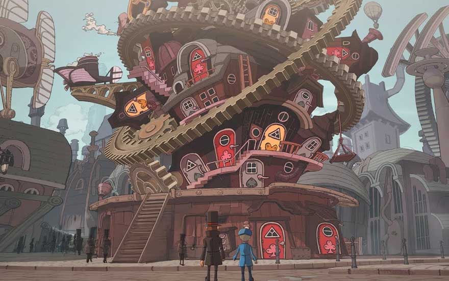 A towering spiral building with giant gears and bright red doors dominates the steampunk city as two small figures gaze up in wonder.