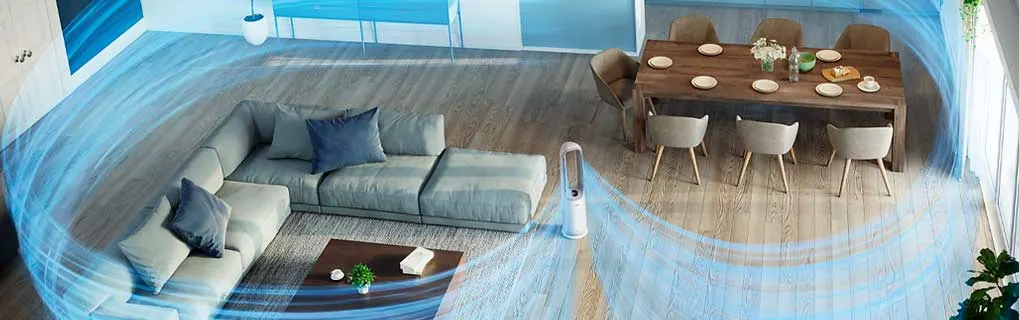 Spacious open-plan lounge and kitchen with sofa and dining table, encircled by blue airflow rings from a tall white air purifier on the floor.