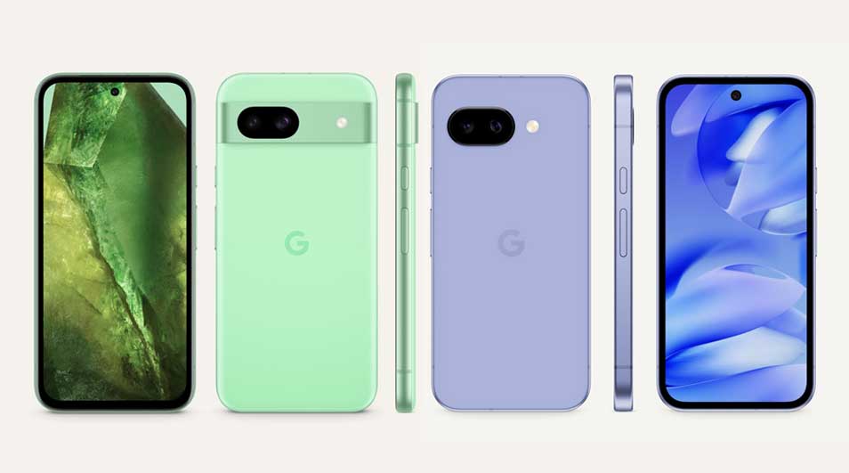 Twee Google Pixel smartphones in groen en paars, met het G-logo, tonen hun voorkant, achterkant en zijkant.