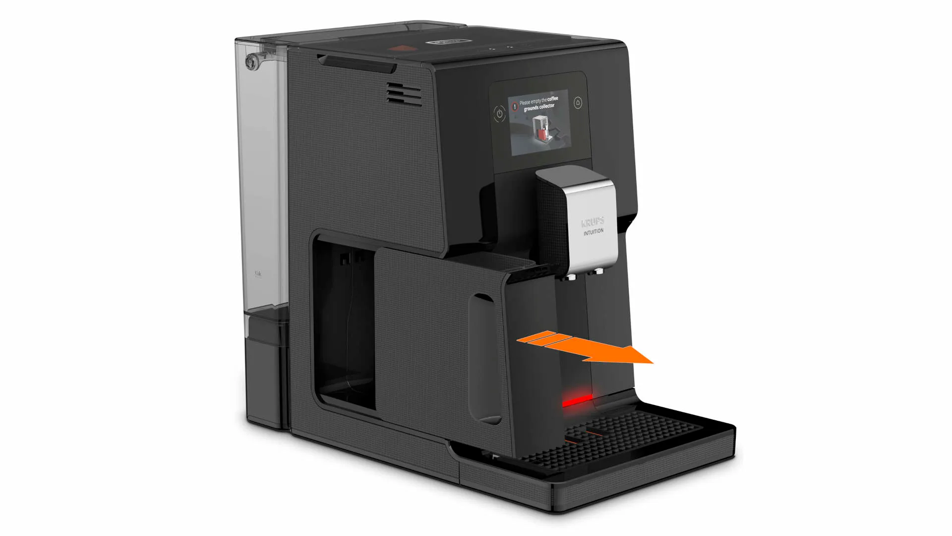 Een zwarte Krups Intuition koffiemachine met waterreservoir en een oranje pijl die naar de plaatsing van een kopje wijst.