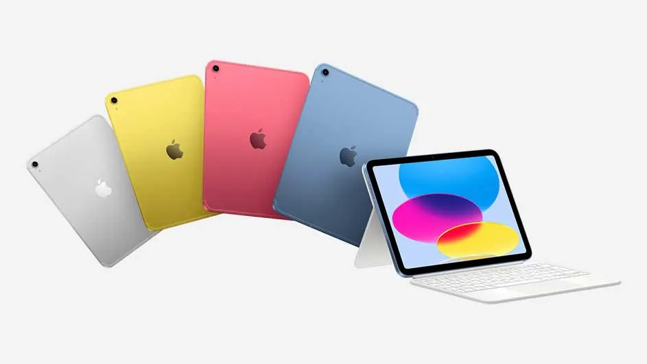 Vijf iPads in grijs, geel, roze en blauw, met een iPad met toetsenbord en scherm aan de rechterkant.