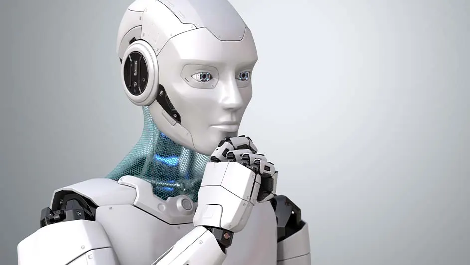 Een witte robot met een humanoïde gezicht en mechanische details houdt een hand tegen de kin in een denkende pose.