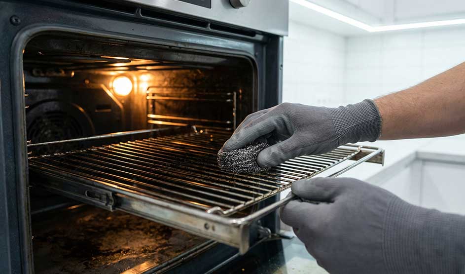 Someone wearing grey gloves cleans an oven rack with steel wool while the open oven is lit.