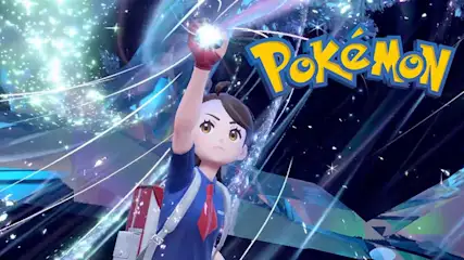A young trainer raises a glowing energy orb to the sky, surrounded by blue streaks and sparks, while the bright Pokémon logo staat bold on the left.