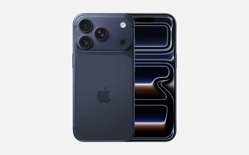 Donkerblauwe smartphone voor- en achterkant, scherm met donkere neonachtige lijnen.