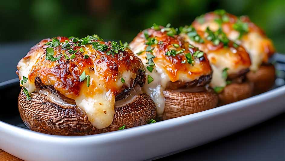 Drie gevulde champignons op een wit bord, gegarneerd met gesmolten kaas en groene kruiden tegen een groene achtergrond.