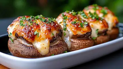 Drie gevulde bruine champignons op een wit bord, gegarneerd met gesmolten kaas en groene kruiden tegen een vage groene achtergrond.