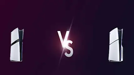 Twee witte spelconsoles staan tegenover elkaar met een wit "VS"-teken in het midden, tegen een paarse achtergrond.