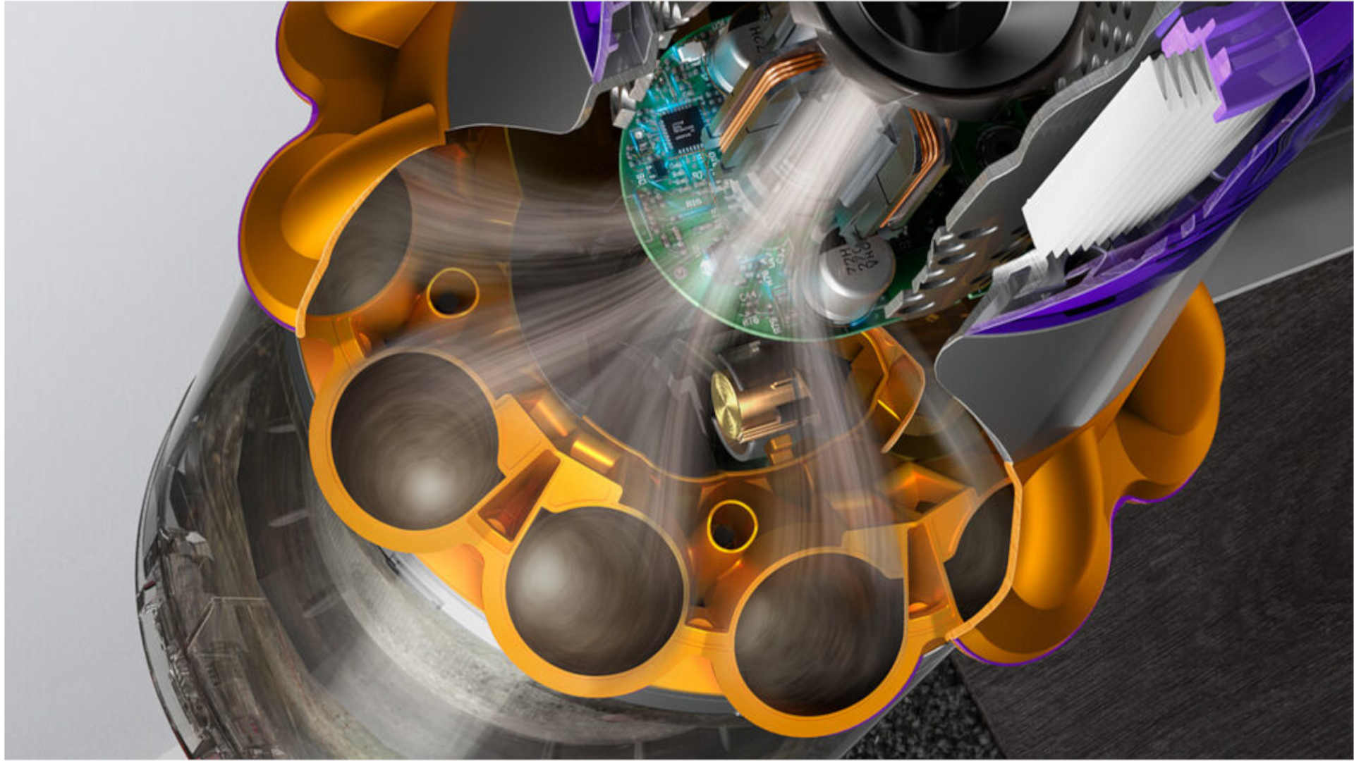 Doorsnede van een Dyson stofzuiger met gouden cyclonen, een groene printplaat en paarse accenten.