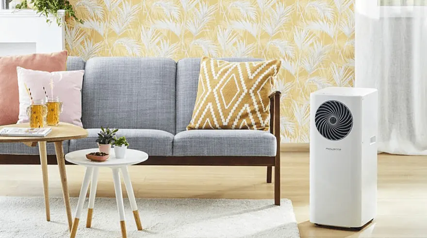Living room setting with a gray couch, patterned yellow pillow, tables, drinks, plants, and a white air conditioning unit.