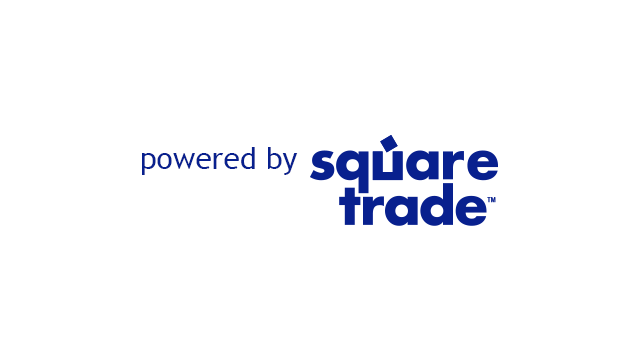 The image shows the text "powered by squaretrade" in blue font on a white background.