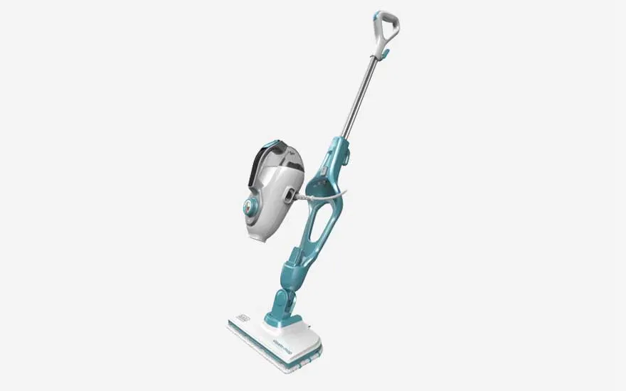 Upright white and turquoise steam mop with detachable handheld unit, designed for flexible cleaning of floors, grout and surfaces.