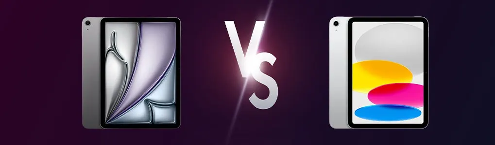 Two iPads are shown with a "VS" symbol between them, set against a dark purple background.