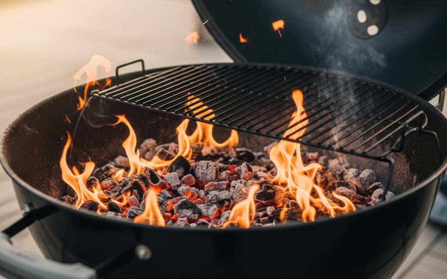 Een close-up van een barbecue met gloeiende kolen en hoge vlammen, klaar om eten te grillen boven intense hitte.