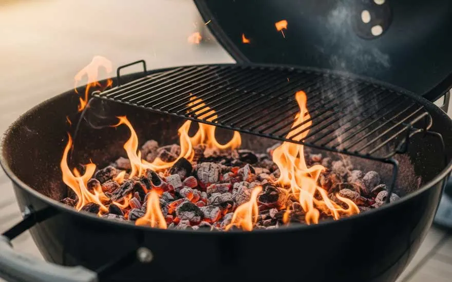 A close-up of a barbecue with glowing coals and lively flames, ready for food to be grilled over intense heat.