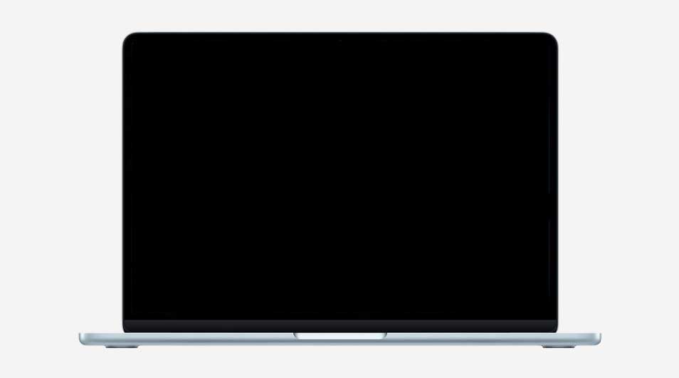 Minimalistische afbeelding van een open laptop recht van voren, met volledig zwart scherm en dunne zilverkleurige rand tegen lichte achtergrond.