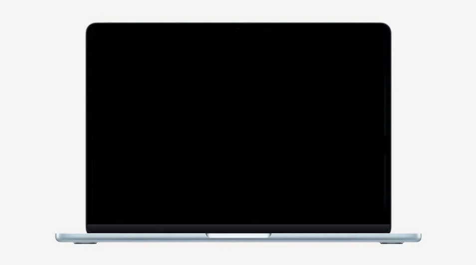 Minimalist front view of an open laptop with a completely black screen and slim silver base, centred on a pale background.