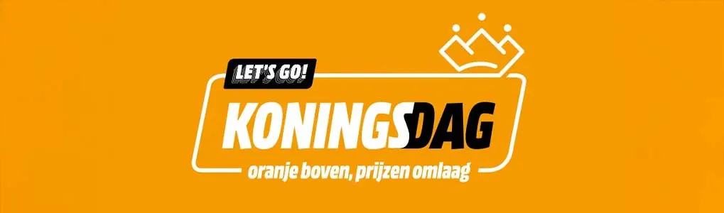 Oranje banner met de tekst “LET’S GO! KONINGSDAG” en daaronder de slogan “oranje boven, prijzen omlaag”. Rechtsboven staat een gestileerde kroon.